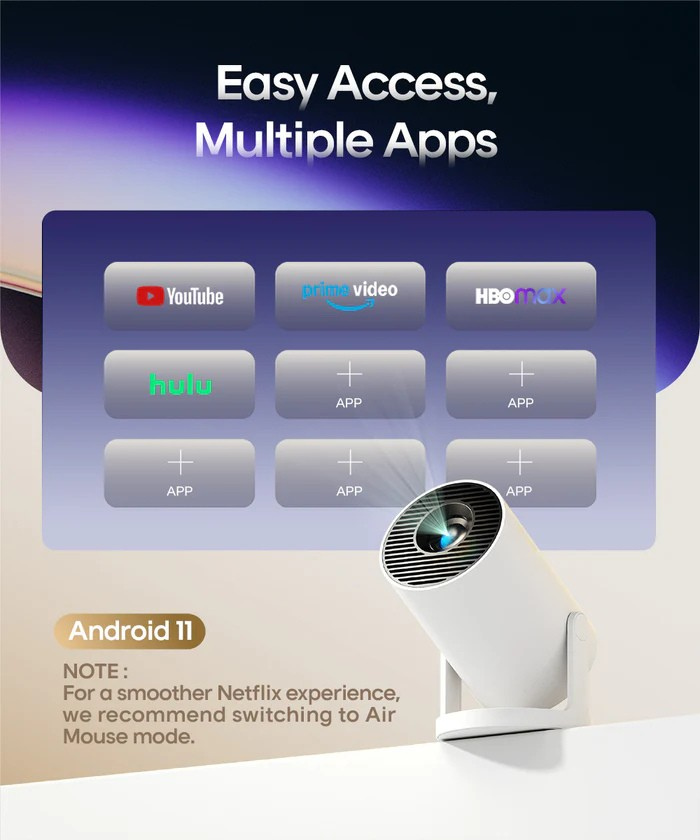 Projector with app icons on screen displaying 'Easy Access, Multiple Apps' and 'Android 11' text.
