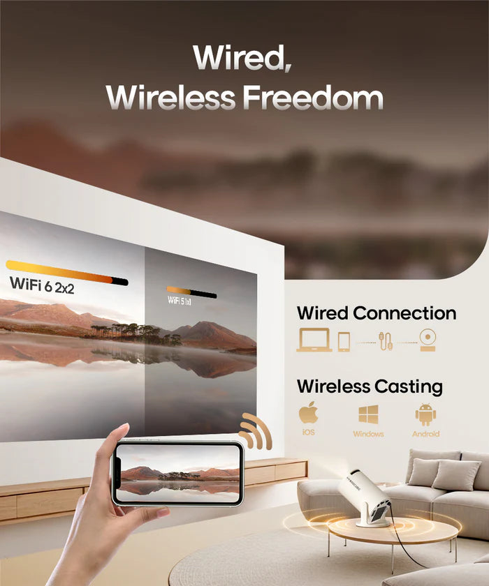 Living room scene with a TV displaying a scenic view, hand holding a smartphone, and text about wired and wireless freedom.